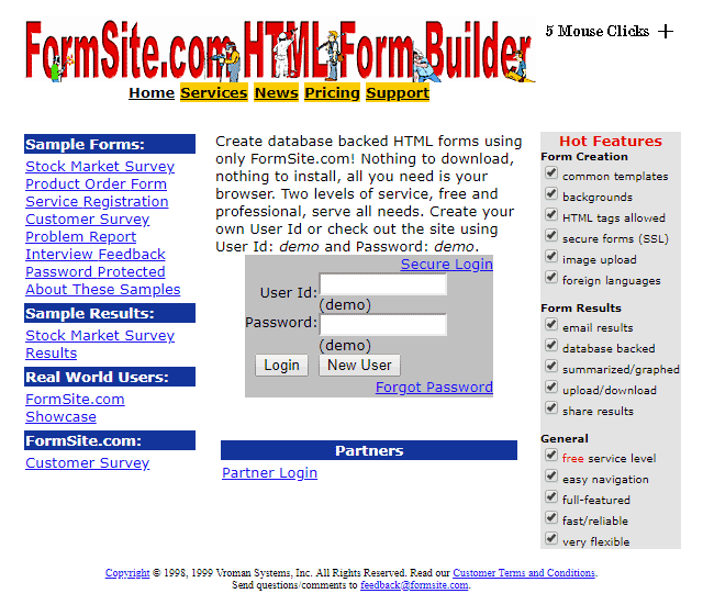 Formsite 20 years 1999 homepage