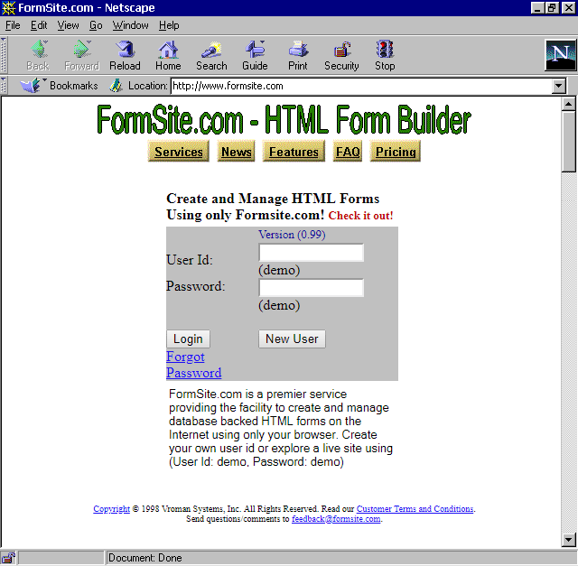 Formsite 20 years 1998 homepage