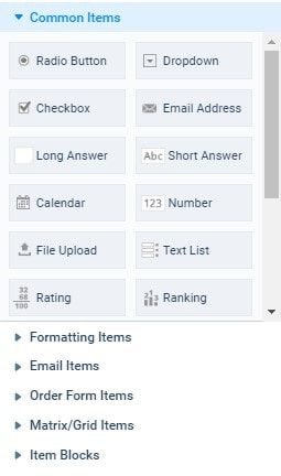 Formsite example form templates items