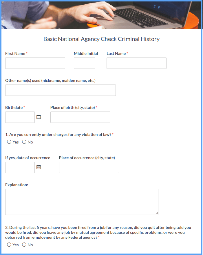 Criminal History Record Form Template Formsite