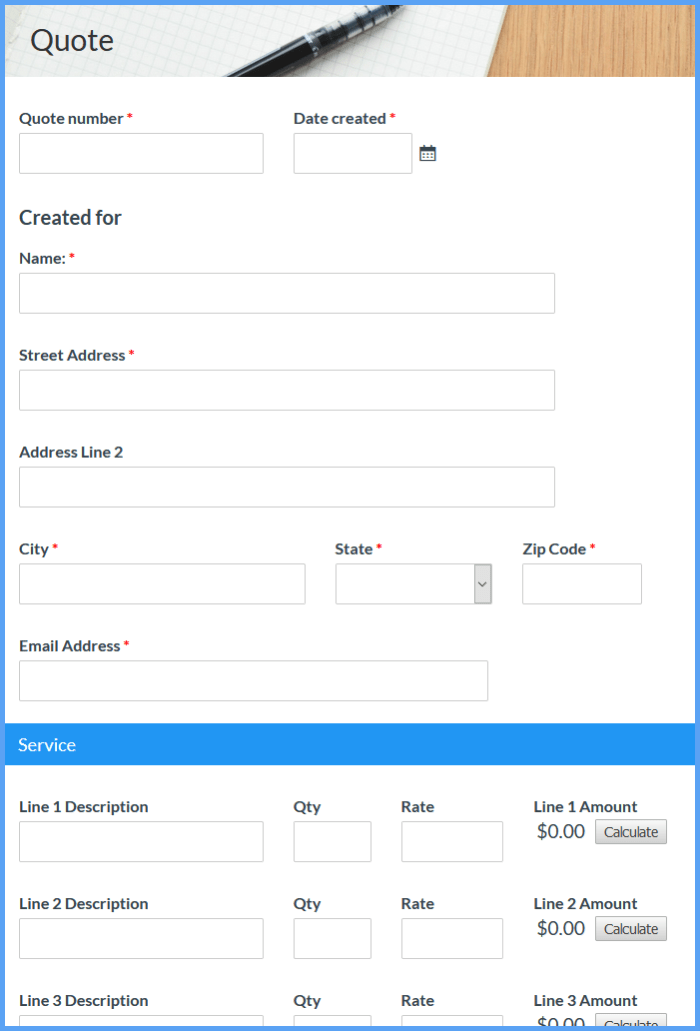 Service Quote Form Template Formsite