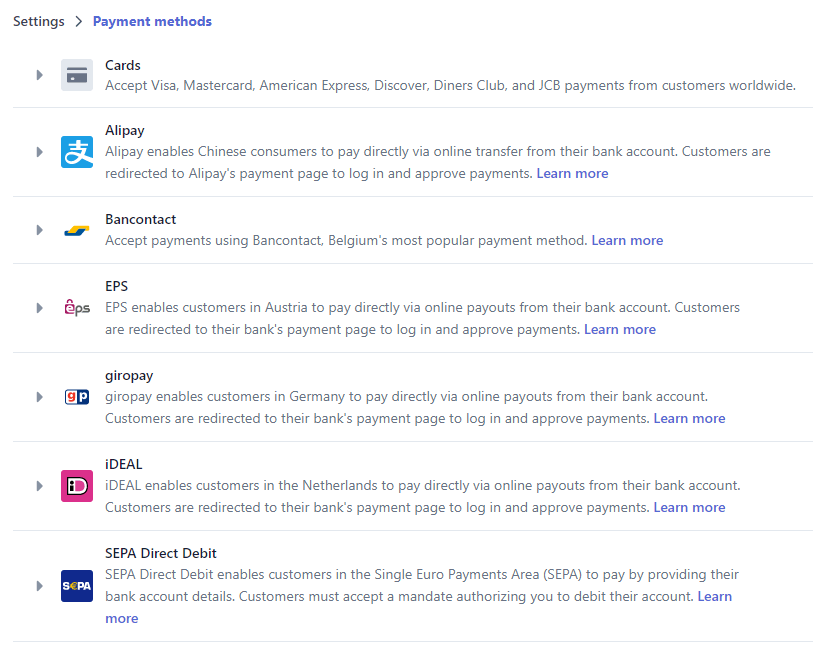 Formsite Stripe payment methods list