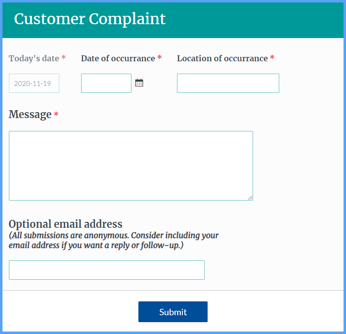 Customer Complaint Form Template Formsite