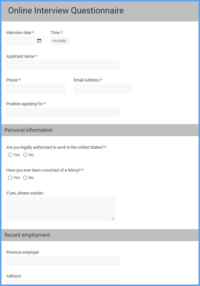 Online Interview Questionnaire Forms