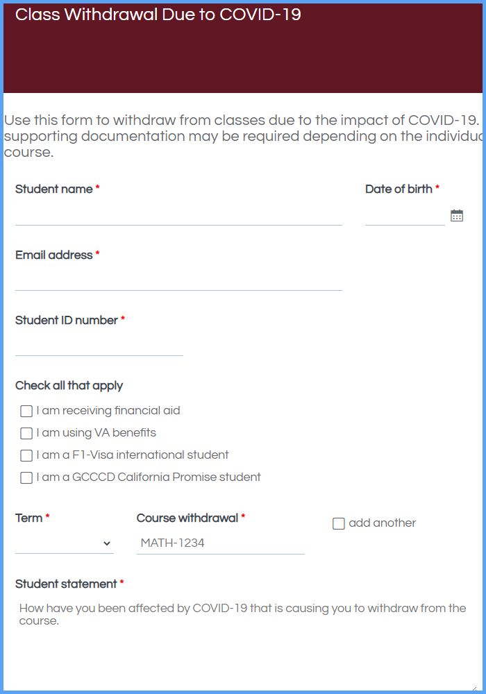 Course Withdrawal Due To COVID 19 Form Template Formsite Course Withdrawal Due To COVID 19 Form Template Formsite