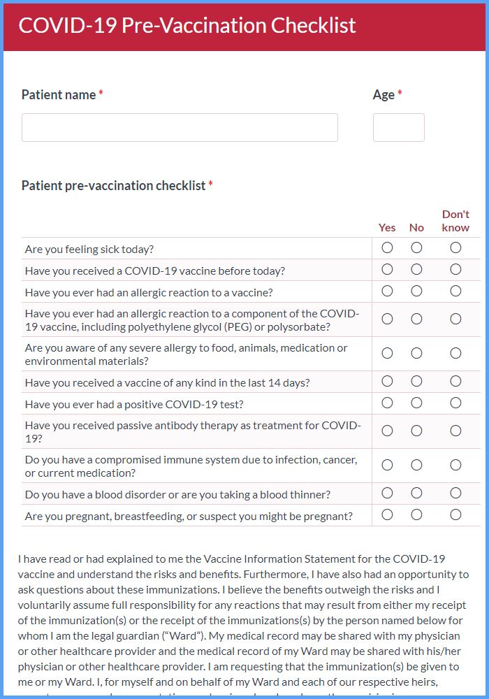 COVID19 PreVaccination Checklist Template Formsite
