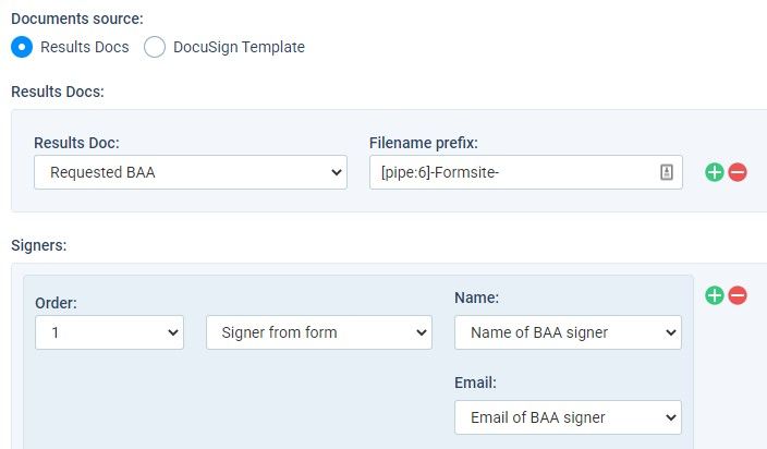Formsite uses DocuSign BAA settings
