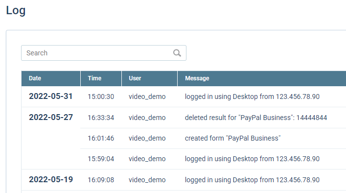 Formsite account log example