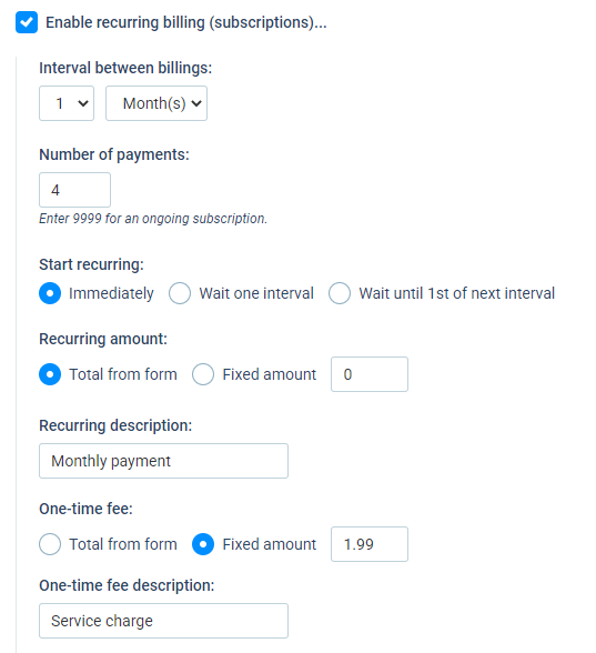 Formsite installment payment settings