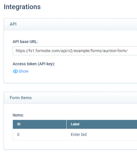 Formsite highest bidder API settings