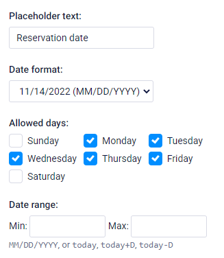 Formsite enable specific weekdays settings