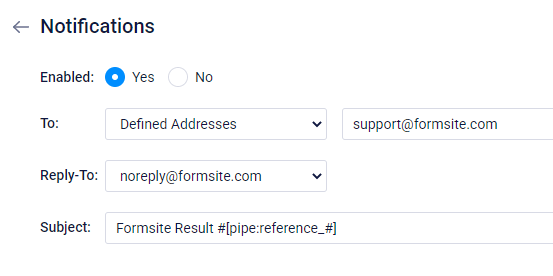 Formsite email results settings