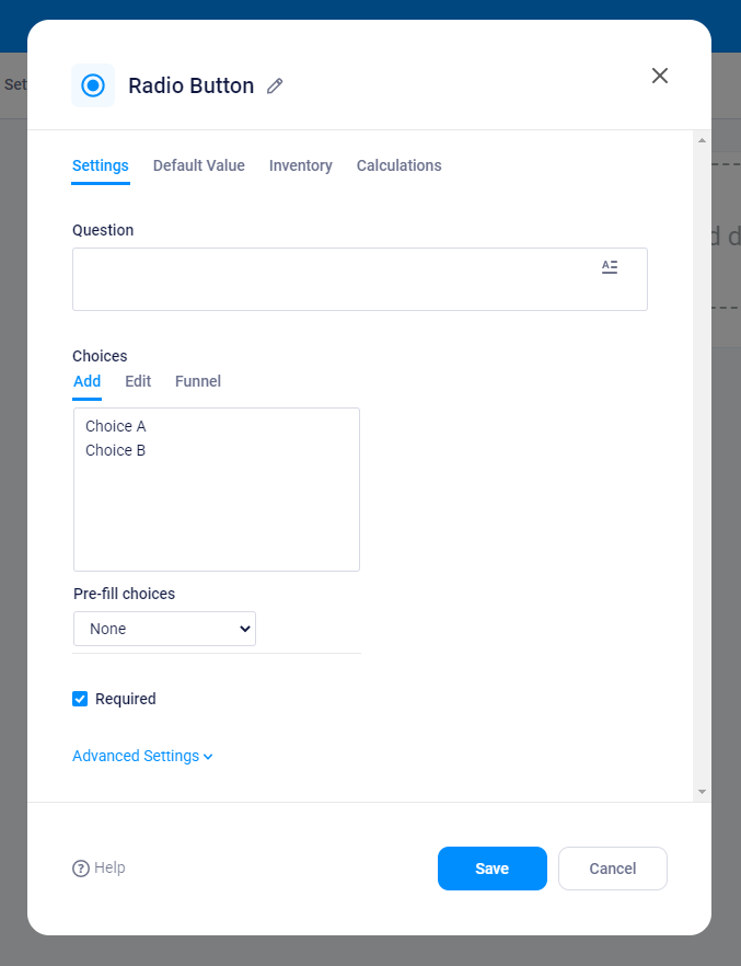 Formsite form item settings defaults