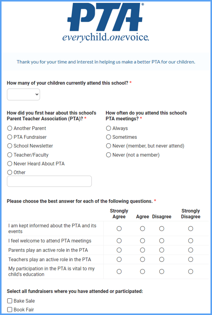 Simple PTA Survey Form Template Formsite