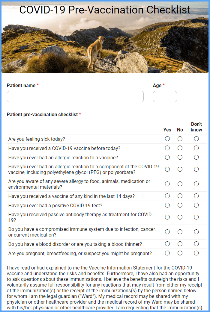 Pre Vaccine Checklist Form