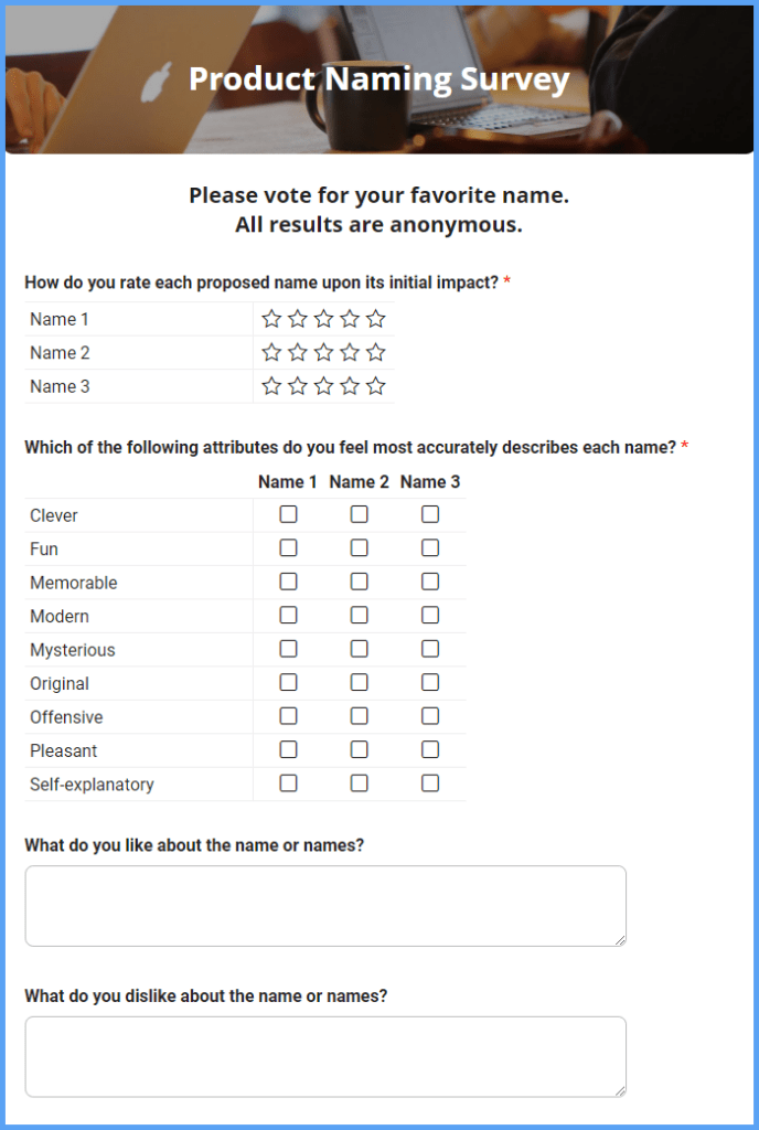 Product Naming Survey Form Template Formsite