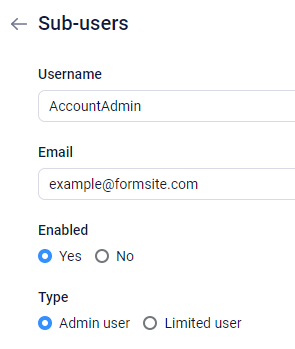 Formsite account alert emails Sub-users settings