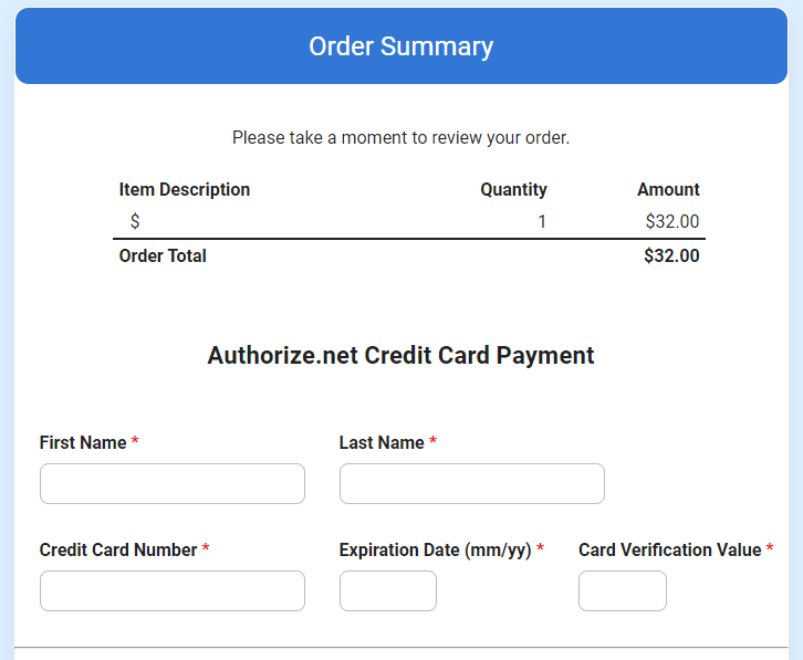 Formsite compare payment processors Authorize net example