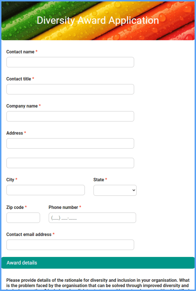 Diversity Award Application Form Template Formsite