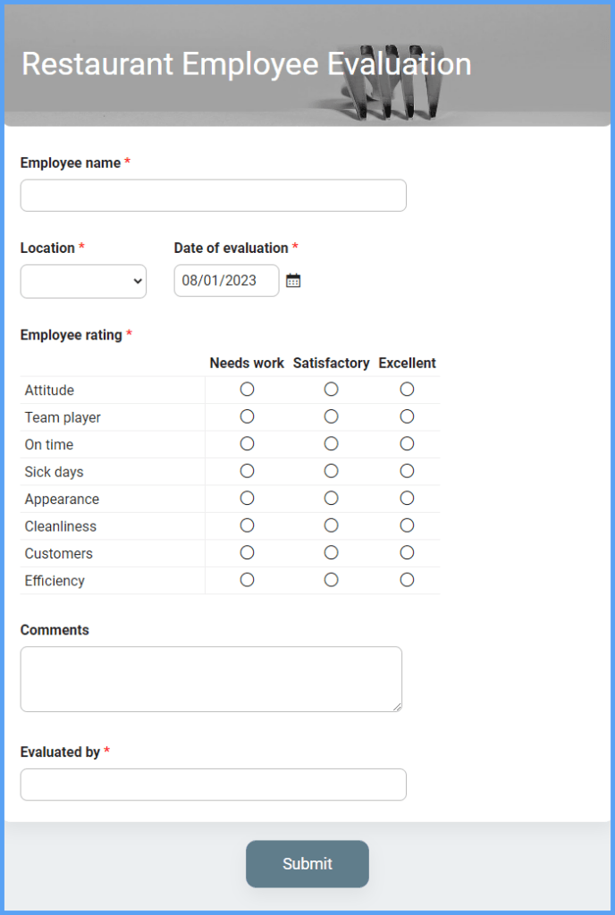 Restaurant Employee Evaluation Form Template Formsite