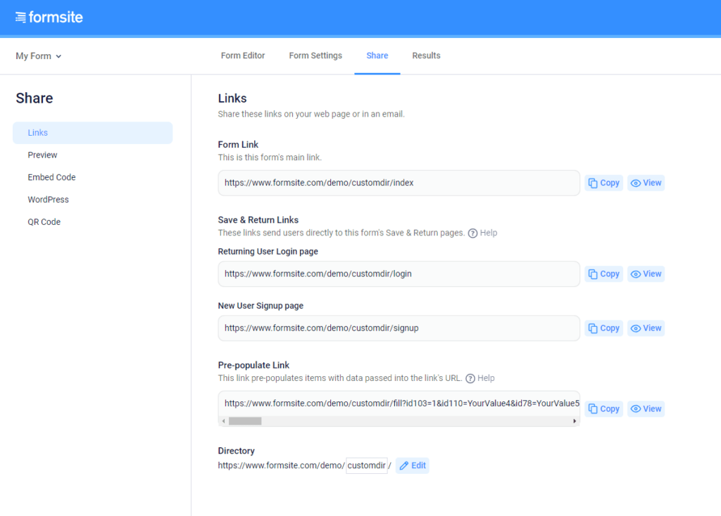 Formsite form links share page
