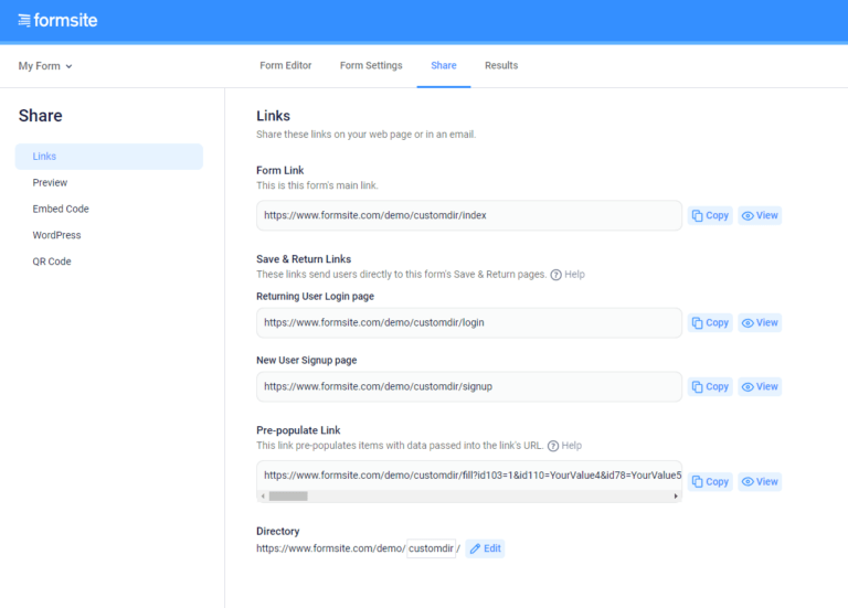 Form Links and Codes on the Share Page Formsite