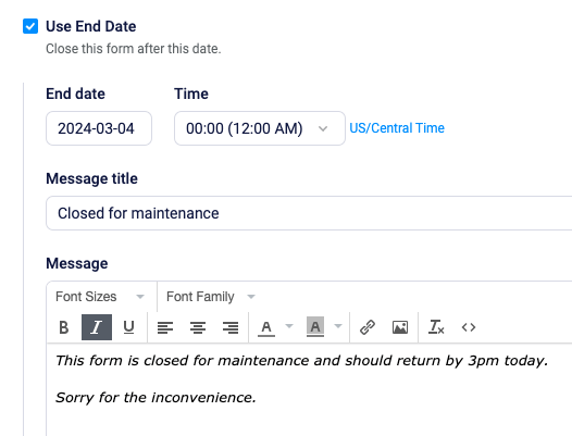 Formsite form updates maintenance message